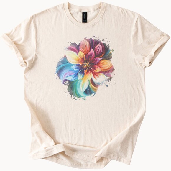 Vibrant Watercolor Dahlia Tee Colorful Floral Graphic Shirt - Picture 1 of 6